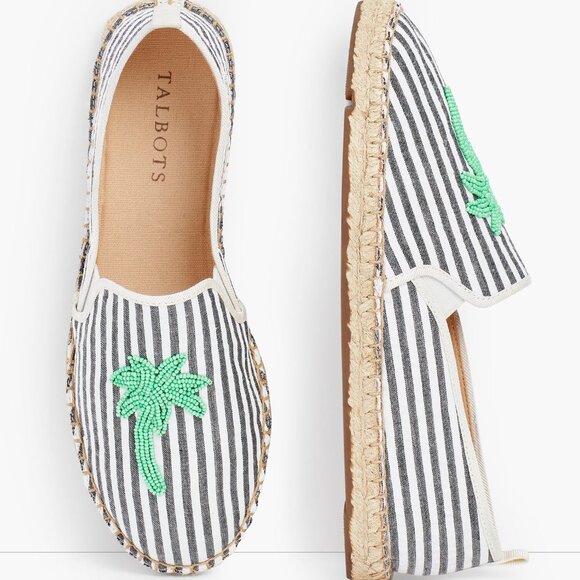 Talbots Shoes - Talbots Izzy Nautical Beaded Palm Striped Canvas Espadrilles Flat Shoes